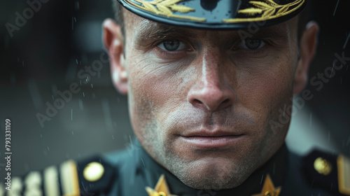 Close-up of a stoic military officer in uniform, with raindrops on his face under dramatic lighting.