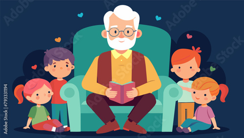 A grandfather sitting in his favorite armchair surrounded by grandchildren regaling them with tales of his adventurous youth and imparting