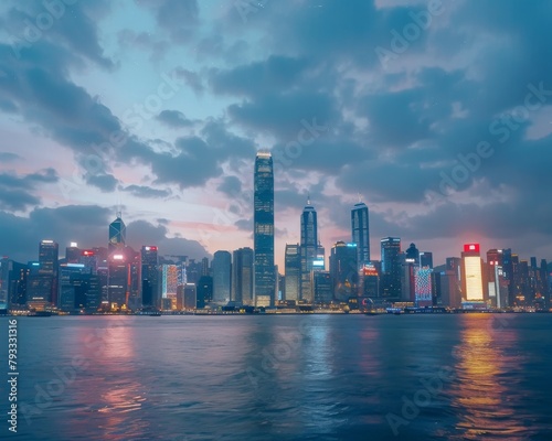 A photo of the Hong Kong skyline at dusk. © Nawarit