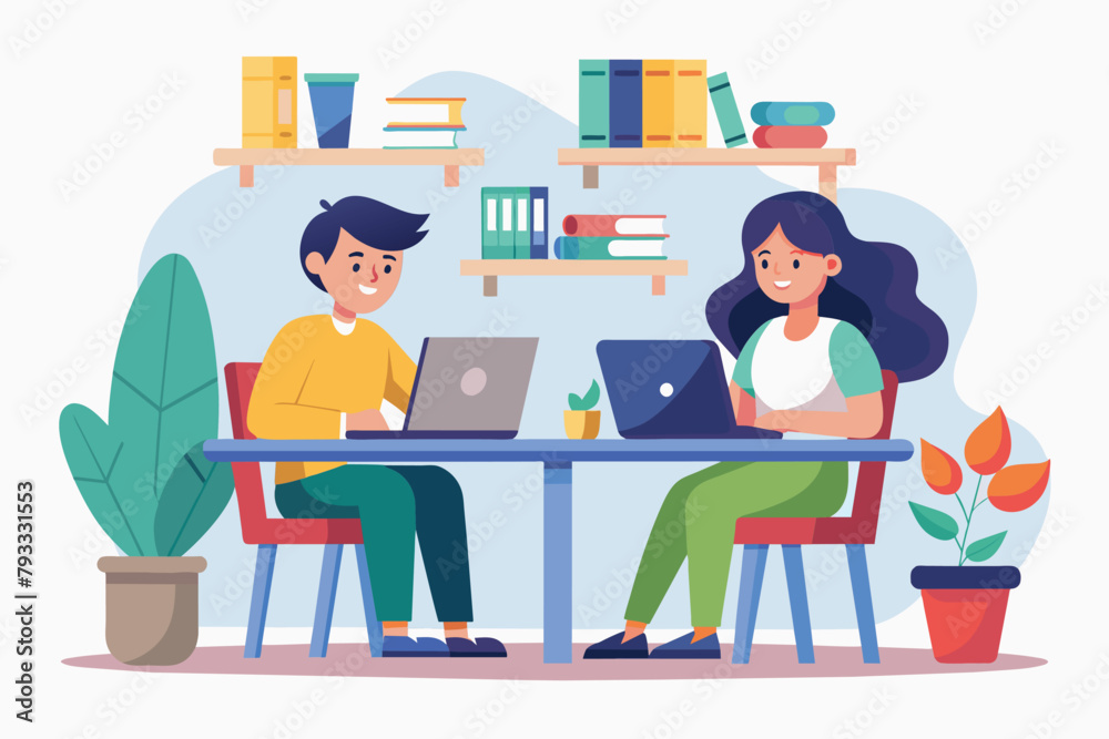 A man and woman working together at a table with a laptop and a pile of papers, Two students sitting at table with laptop and pile of books, Simple and minimalist flat Vector Illustration A man and woman working together at a table with a laptop and a pile of papers, Two students sitting at table with laptop and pile of books, Simple and minimalist flat Vector Illustration