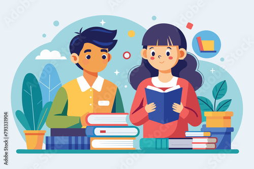 A man and a woman sitting at a table, deeply engrossed in studying with books in front of them, two students studying with books, Simple and minimalist flat Vector Illustration