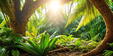 Jungle on a sunny day. Beautiful tropical rainforest illustration with exotic plants, flowers, palms, big leaves and ferns. Bright sunbeams. Background with pristine nature landscape.
