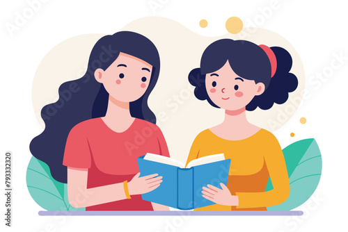Two women sitting side by side, engrossed in reading a book together, two women learn to read a book, Simple and minimalist flat Vector Illustration
