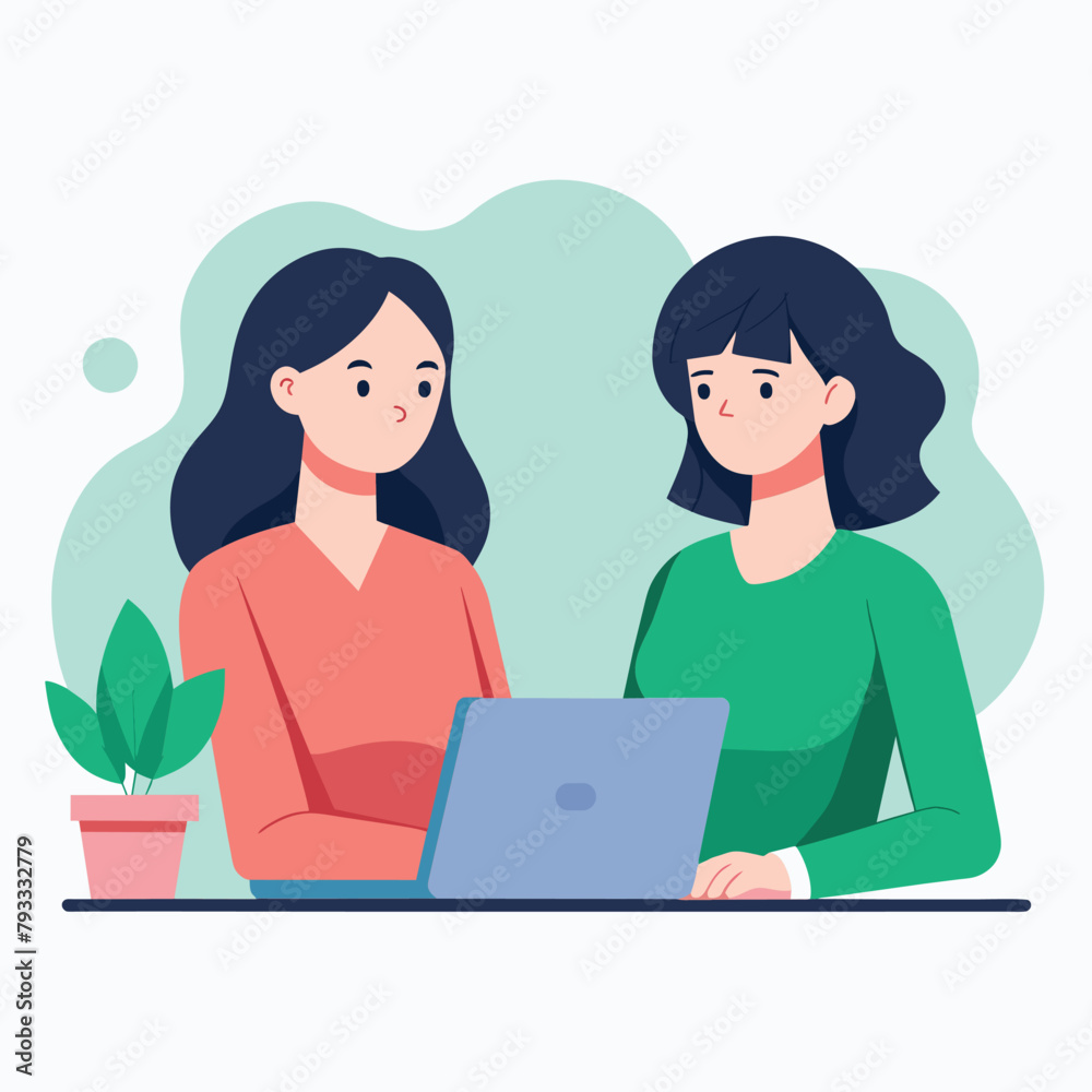 Two women sitting at a table, focused on their work on a laptop computer, two women working on a laptop, Simple and minimalist flat Vector Illustration Two women sitting at a table, focused on their work on a laptop computer, two women working on a laptop, Simple and minimalist flat Vector Illustration
