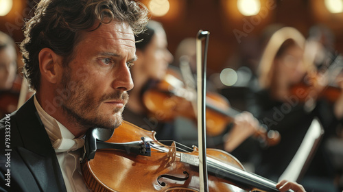 Musician concentrating on playing violin in an orchestra, warm cinematic lighting.