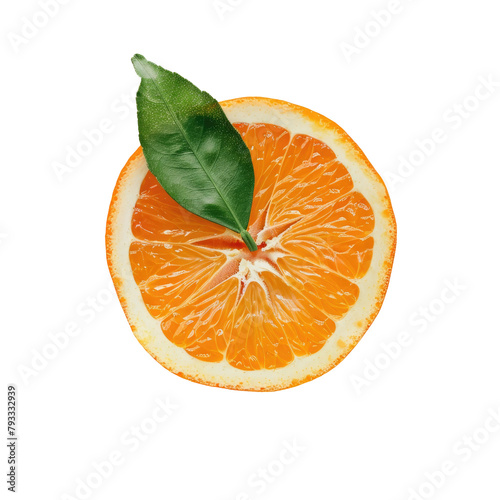 An orange complete with a vibrant green leaf sliced into two halves stands out on a transparent background showcasing its cross section