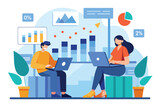 Two workers analyzing growth graphs on laptops while sitting closely together, two workers using laptops analyze growth graphs, diagrams bar charts flat illustration