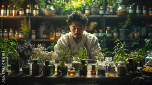 A naturopath in a serene setting surrounded by natural remedies and herbs, under soft lighting.