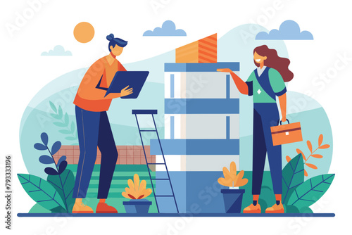 Man and Woman Observing Tall Building, two workers were making observations while working on the building, Simple and minimalist flat Vector Illustration