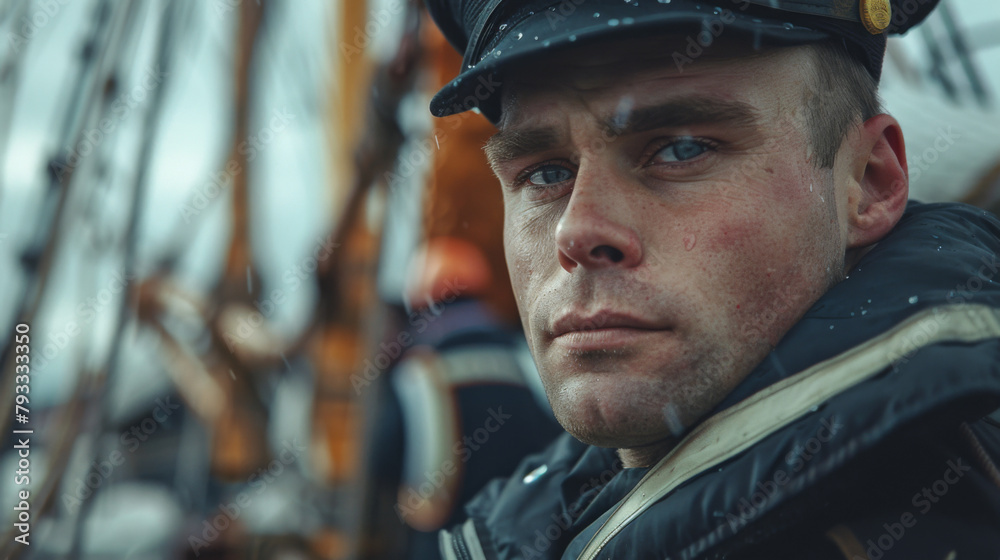 Close-up of a pensive navy sailor onboard a ship with a cinematic quality. Close-up of a pensive navy sailor onboard a ship with a cinematic quality.