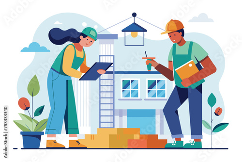 Two individuals standing in front of a house, inspecting the exterior details, two workers were making observations while working on the building, Simple and minimalist flat Vector Illustration
