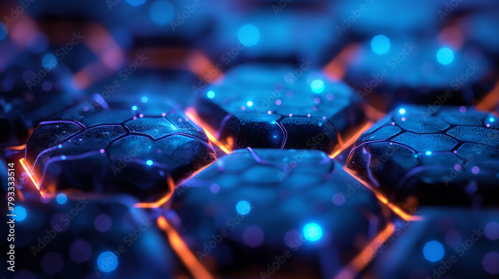 Fototapeta premium An intricate hexagonal pattern overlaying a deep blue gradient background, high definition, with a futuristic cybernetic aesthetic