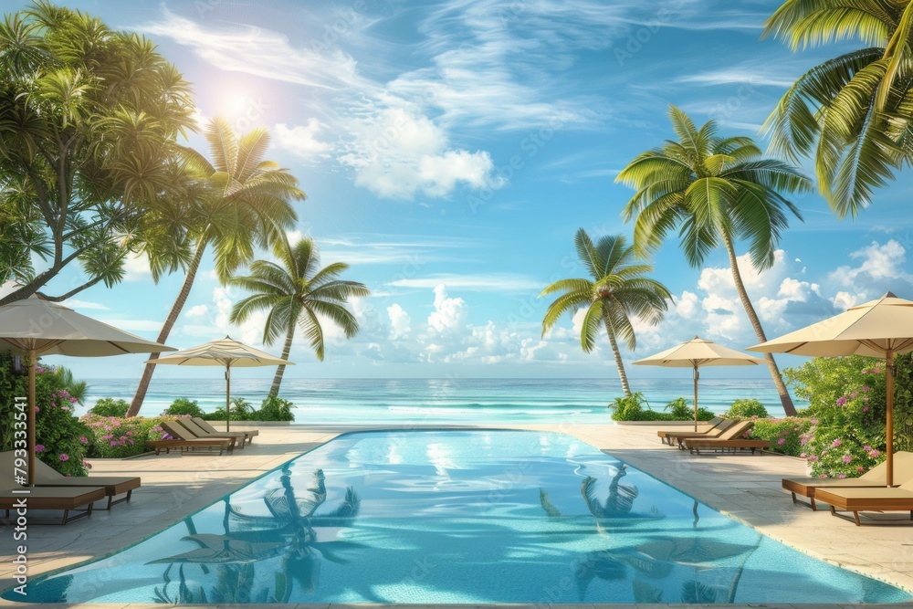 Water pool with palm trees and chairs on a tropical beach
