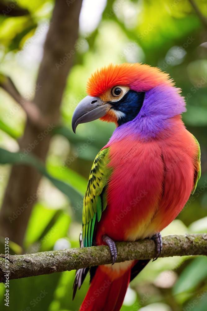 Colorful tropical bird in jungle on a sunny day. Rainforest illustration with bright beautiful birdie among exotic plants with big leaves. Background with pristine nature landscape.