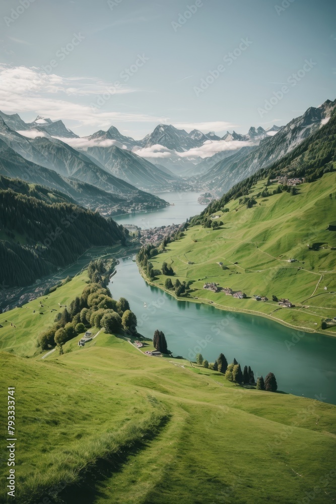Scenic View of a Winding River Through Green Swiss Alps Scenic View of a Winding River Through Green Swiss Alps