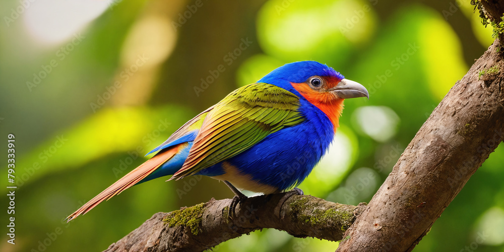Obraz premium Colorful tropical bird in jungle on a sunny day. Rainforest illustration with bright beautiful birdie among exotic plants with big leaves. Background with pristine nature landscape.