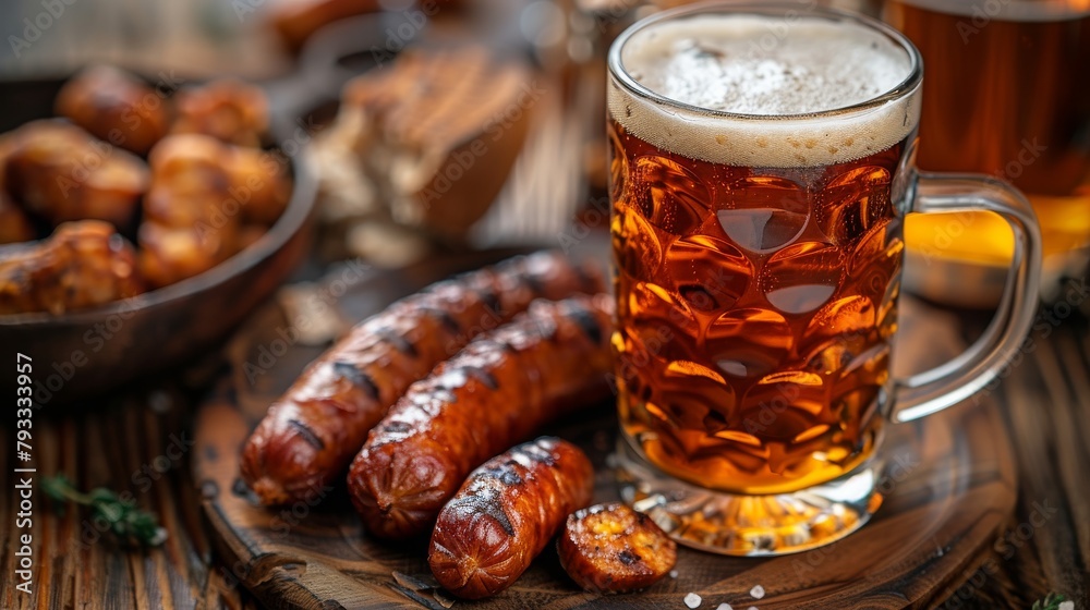 Grilled sausages and beer on wooden table Grilled sausages and beer on wooden table