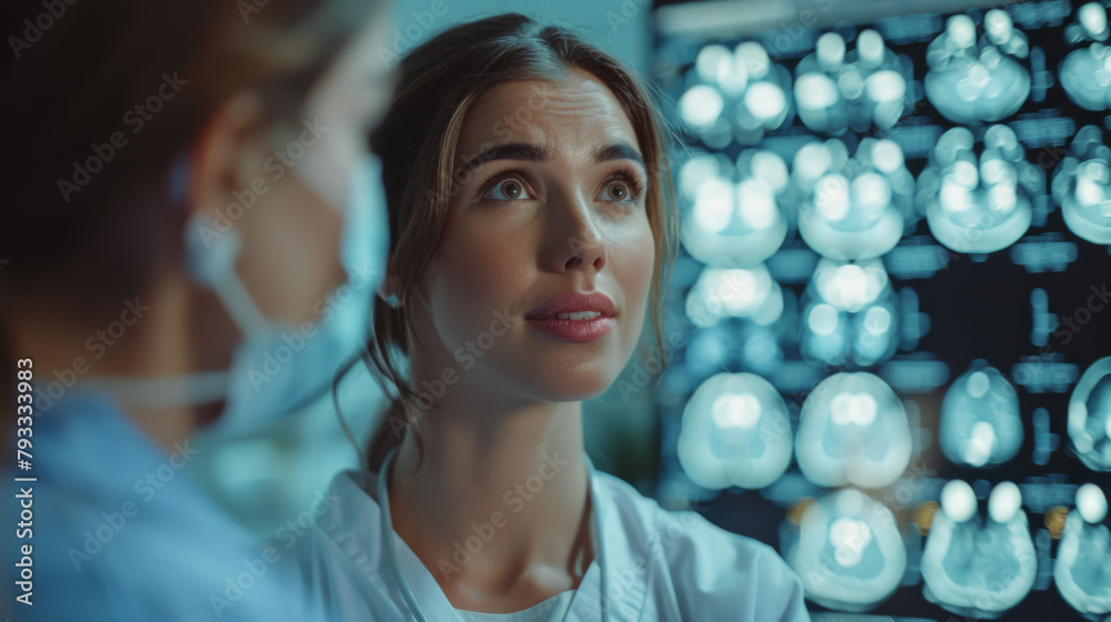 A neurologist discusses MRI scans with a concerned female patient in a dimly lit room. A neurologist discusses MRI scans with a concerned female patient in a dimly lit room.
