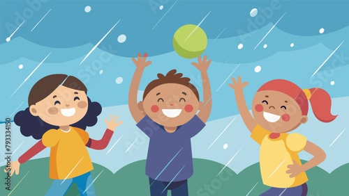 A group of neighborhood kids playing water balloon games in the rain their happy shouts drowned out by the sound of the downpour.
