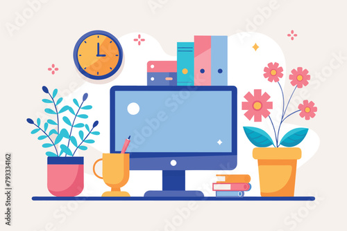 Desktop Computer on Desk, Vector computer with alarm clock and vase of flowers, Simple and minimalist flat Vector Illustration