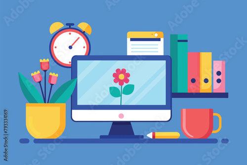 A desktop computer, alarm clock, and vase of flowers sitting on top of a desk, Vector computer with alarm clock and vase of flowers, Simple and minimalist flat Vector Illustration