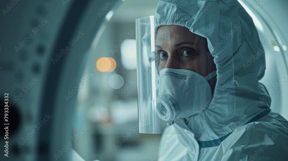 A nuclear medicine technologist in protective gear prepares for a scan.