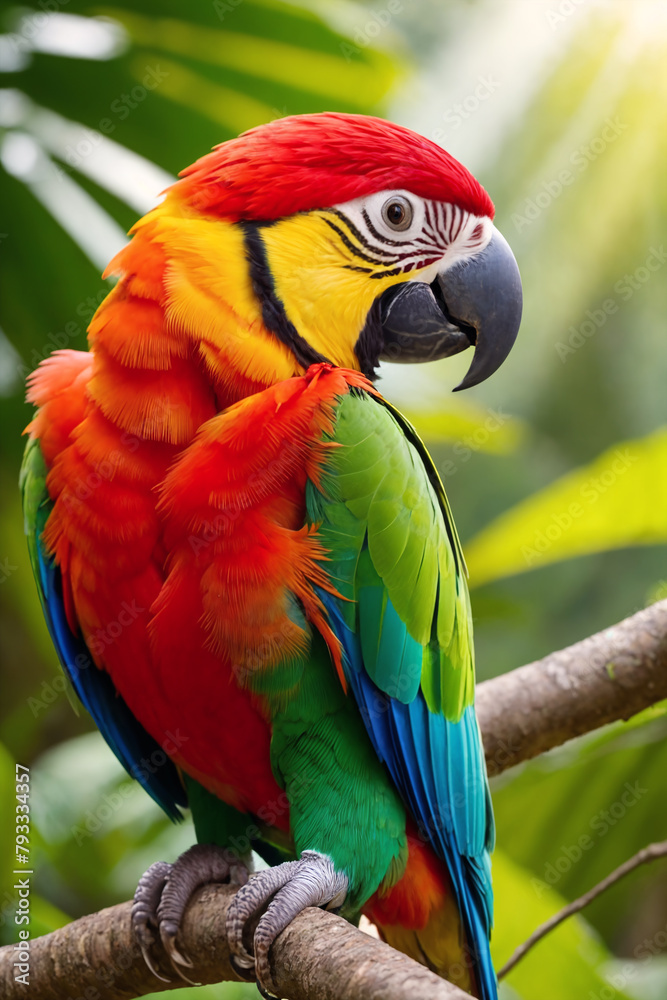 Naklejka premium Colorful tropical ara parrot in jungle on a sunny day. Rainforest illustration with bright beautiful macaw among exotic plants with big leaves. Background with pristine nature landscape.