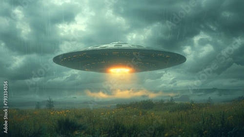 A UFO hovering over a rainy field with glowing lights and misty clouds_upscayl_4x_ultramix_balanced