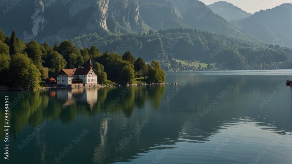 Fototapeta premium Picturesque Mountain Lake Home With Reflections and Lush Greenery