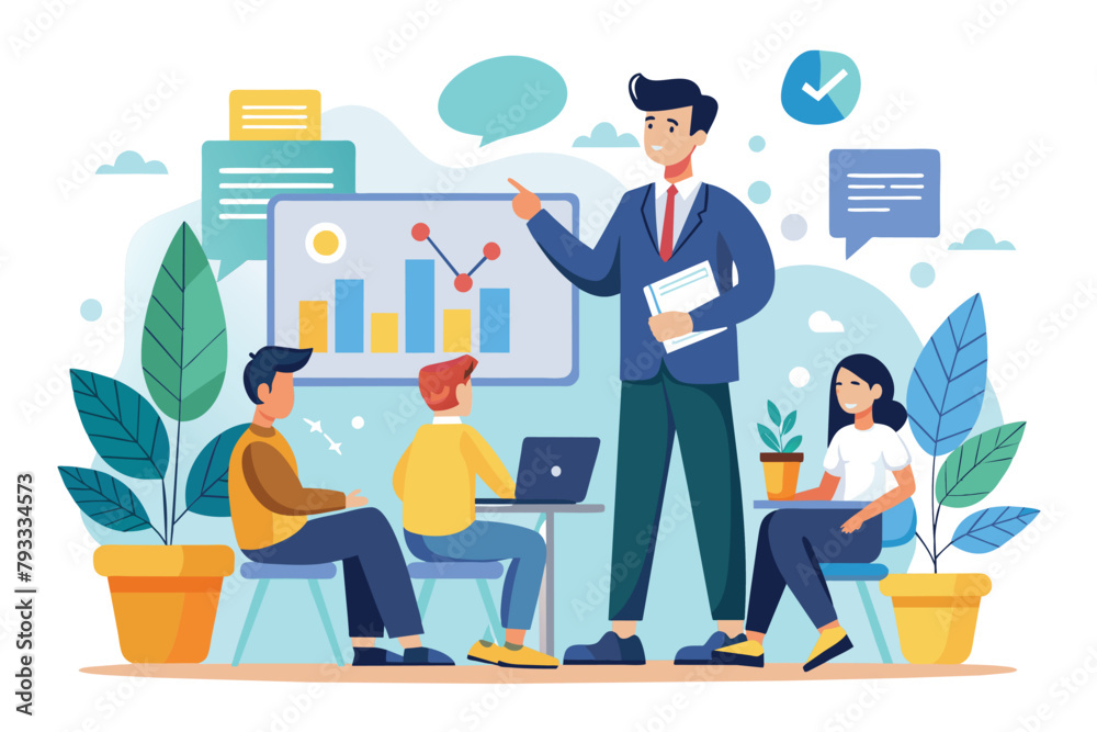 A man is presenting to a group of people in a business training session, Trading business trending, Simple and minimalist flat Vector Illustration A man is presenting to a group of people in a business training session, Trading business trending, Simple and minimalist flat Vector Illustration