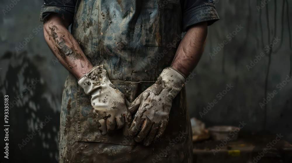 Man wearing a dirty apron and gloves. Suitable for industrial or messy work concepts