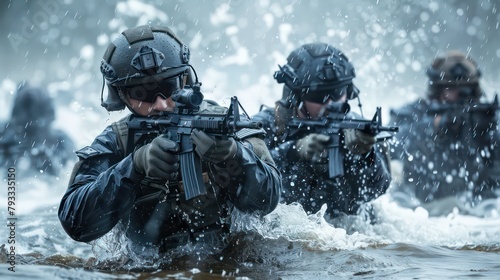 Military squad crossing the river under fire