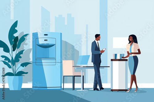 Business graphic vector modern style illustration of business people in an office environment discussing decision making collaborating water cooler moment strategy thinking break time