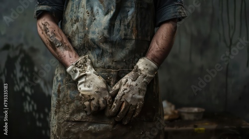 Man wearing a dirty apron and gloves. Suitable for industrial or messy work concepts