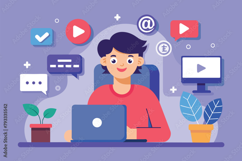 Fototapeta premium Man Working on Laptop for Social Media Vlog, Vlogger streaming with social media icons, Simple and minimalist flat Vector Illustration