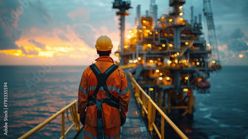 Worker in safety gear observing an offshore oil rig at sunset with illuminated structure.