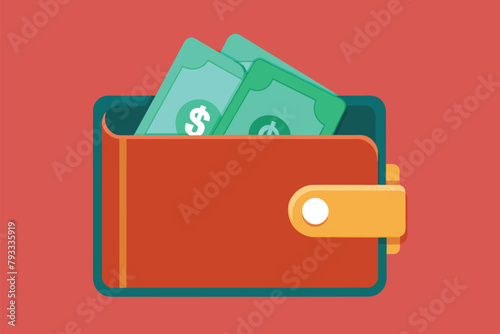 A wallet shown from the side, filled with money sticking out, wallet with money, Simple and minimalist flat Vector Illustration