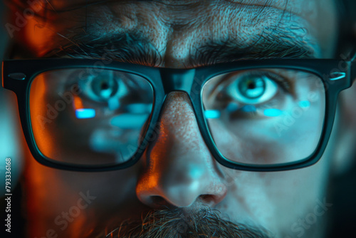 Close-up of a man's face wearing glasses with a reflective blue light on the lenses.