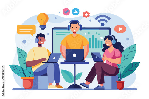 Several individuals gathered around a laptop, engaged in a webcast or listening to a podcast, Webcast live with people listen to podcast, Simple and minimalist flat Vector Illustration