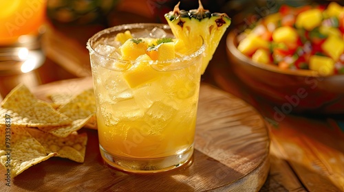 Indulge in a zesty pineapple and mango margarita that s as refreshing as a summer breeze perfectly paired with crunchy chips and zesty salsa photo