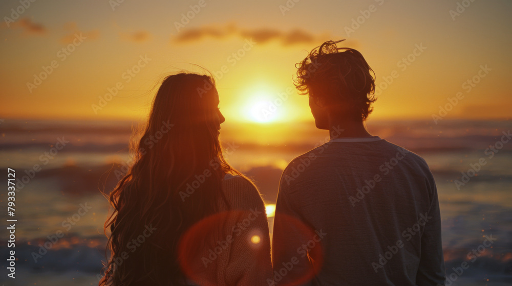 Young couple watching the sunset at the beach, silhouetted against the glowing horizon.