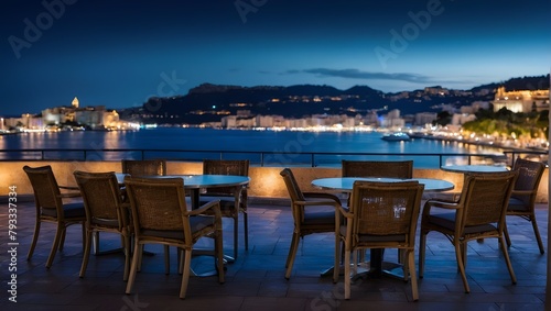 Landscape of outdoor luxury cafe table and chairs on rooftop in Monaco with sea view and beautiful evening sky. Ai Generative. 