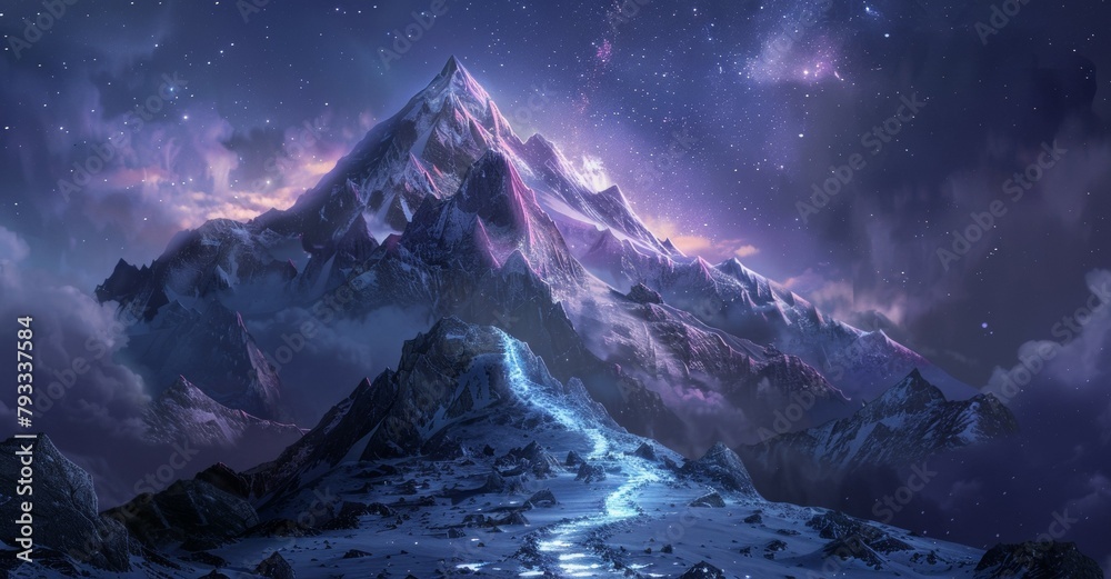 A mountain range with a blue sky and a purple mountain