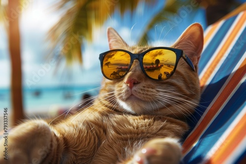 A cat wearing sunglasses is laying on a beach chair. Summer heat concept