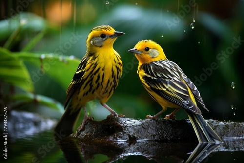 Two yellow birds are sitting on a rock in a pond photo