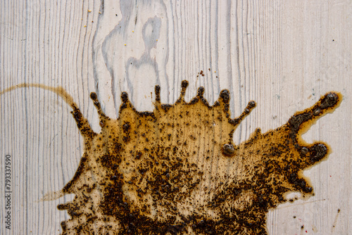 Coffee stains isolated on a white table. High-quality stock photo image. Tea Stains Left by Cup Bottoms on wood surface. Round cafe stain fleck drink beverage. Copy space.  Wooden texture background