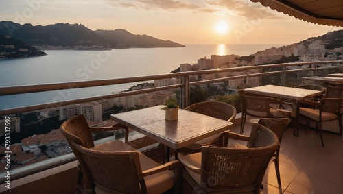 Landscape of outdoor luxury cafe table and chairs on rooftop in Monaco with sea view and beautiful sunset sky. Ai Generative