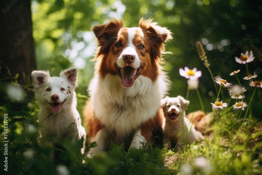 Three dogs are standing in a field of flowers. One of the dogs is a large brown and white dog, and the other two are smaller dogs. The dogs are all smiling and seem to be enjoying the beautiful day Three dogs are standing in a field of flowers. One of the dogs is a large brown and white dog, and the other two are smaller dogs. The dogs are all smiling and seem to be enjoying the beautiful day