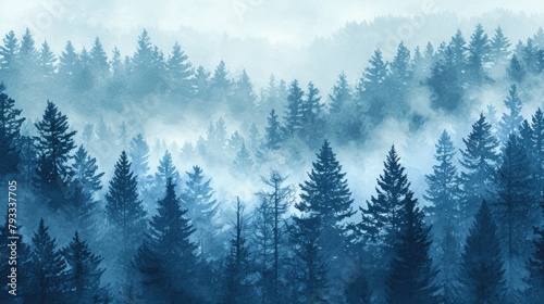 A forest with a misty, cloudy sky. The trees are tall and blue. The sky is overcast and the trees are covered in mist