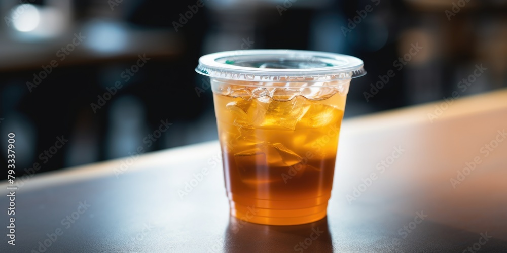 A plastic cup of tea sits on a table. The cup is half full and the tea is brown A plastic cup of tea sits on a table. The cup is half full and the tea is brown